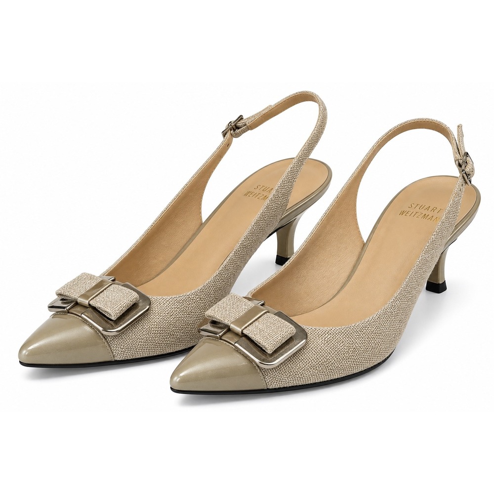 Stuart Weitzman Slingback Pumps Beige Woven Patent Leather Bow Pointed Toe 8.5